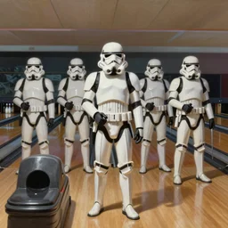 stormtroopers at a bowling alley, painting by ralph mcquarrie