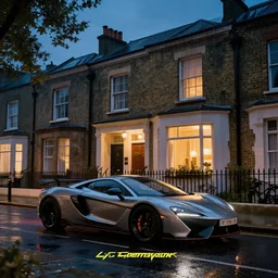 cyberpunk, an estate agent listing photo, external view of a detached city house in the UK, it's night time, raining, sports car, by Paul Lehr, highly detailed, photorealistic, unreal engine, 8k, anamorphic, cinestill cinematrography