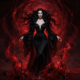 style of hubert robert, rafeal albuquerque, artgerm : : gorgeous willa holland : : evil vampire, swirling blood magic, black dress : : symmetrical face, symmetrical eyes : : full body pose : : gorgeous black hair : : magic lighting, low spacial lighting : :