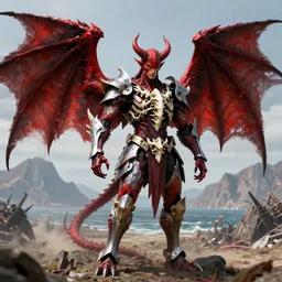 am a naranbaatar ganbold, artgerm, man devil in armor made of iron and dragon bones, with hellish big beautiful red devil wings, height detailed body elements, against the background of mountains, ocean, battlefield