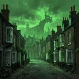 modern british town inspired by hp lovecraft, green ambient light, masterpiece by greg rutowski, 4 k