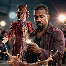 Portrait of Kanye West as willy wonka in fallout new vegas, splash art, movie still, cinematic lighting, dramatic, octane render, long lens, shallow depth of field, bokeh, anamorphic lens flare, 8k, hyper detailed, 35mm film grain