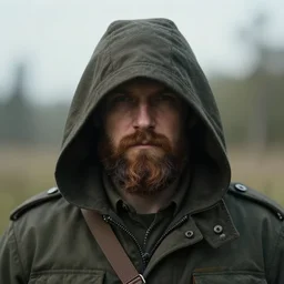 portrait of a ranger with face hidden by a dark hood and a brown beard by greg rutkowski, realistic, highly detailed