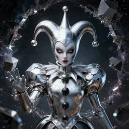 front shot of a court jester character mesmerizing fractal hyper cubes platinum cracked dark future hyper dimensional space galactic crystal nebula edges elegant detailed concept artstation sharp focus ray tracing cinematic masterpiece fine portrait