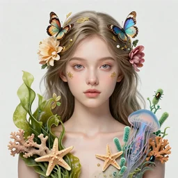 hyperrealistic detailed portrait of a girl, with flowers, butterflies, corals, sea kelp, sea plants, starfish, jellyfish, bacteria, beetles, golden filigree, art by ernst haeckel, john william godward, hammershøi, alphons mucha, pontormo, ornamental, decorative, art nouveau, lights by hopper, pastel colours,