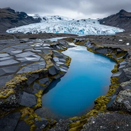 bright blue pools of water surrounded by large facetted slabs of obsidian, patches of green moss, icy glaciers, Iceland, birds eye view