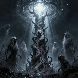 extremely detailed intricate evocative column of treacherous light shooting into starwind suffocated by shapeless wraiths singing with somatic voices submerged in radioactive poison by Peter Andrew Jones