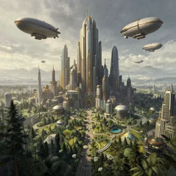 dwarven utopia, artdeco retrofuturist metropolis, marbled with forested city parks, steampunk airships flying overhead, by cedric peyravernay, by kilian eng, high detail, digital painting, industrial art style, death stranding art style, cinematic lighting, artstation, cgsociety, unreal engine 5 render, octane render, 3 5 mm film grain