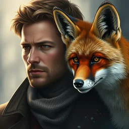 tobey maguire and a red fox, intricate, highly detailed, digital painting, artstation, concept art, smooth, sharp focus, illustration, unreal engine 5, 8 k, art by artgerm and greg rutkowski and alphonse mucha