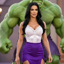 photo of angie harmon as the sensational she hulk, she is wearing a silk lace white top and a purple skirt, she is tall, very fit and extremely muscular, she has green skin all over her body, long black shiny hair, photorealistic, highly detailed, the hulk, marvel, soft focus, bokeh