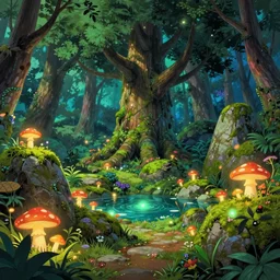 a sanctuary in an enchanted forest, large stones covered with moss, a large tree in the middle surrounded by a pond, glowing mushrooms, glowing lights, epic fantasy, colorfully, digital art, highly saturated colors, concept art, detailed illustration, hd, 4 k, digital art, greg rutkowski, dan mumford, studio ghibli trending on artstation