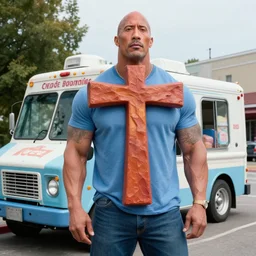 realistic still of potrait of cross between an ice cream truck and dwayne johnson, by zdzislaw beksinski, biomorphic, hybrid, 8 k, 8 5 mm, f. 1 4, beautiful composition,