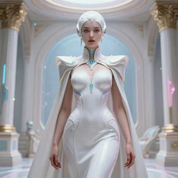 detailed portrait of a seducing cyber noun, attractive feminine curves, scifi, futuristic, elegant cape, year 2 1 0 0, elegant, alien room background, white, blue, pink, gold, photorealism, trending on artstation, so - s 1 4 8 ft light, holy machine, advanced technology, art by vitaly bulgarov and nivanh chanthara