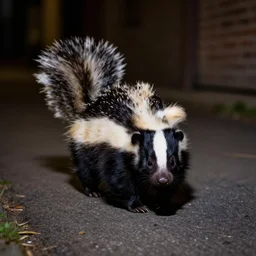 a skunk in a dark alley way at night, 28mm lens