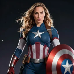 photorealistic art of gal gadot as captain america, dynamic lighting, space atmosphere, hyperrealism, stunning visuals