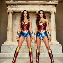 fashion editorial of Gal Gadot and Linda Carter both dressed as wonder woman standing in front of the Pergamon Altar at the Pergamon museum in Germany, photographed in the style of Annie Leibovitz