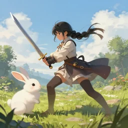 digital art of a girl holding a sword fighting a bunny, detailed, beautiful scenery, detailed