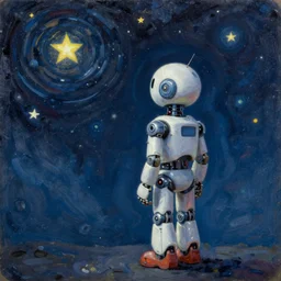 one robot looking at the stars, style of claudio bravo, greg rutkowski, mattias adolfsson and moebious, 3 5 mm, [ volumetric lighting ], oil on canvas
