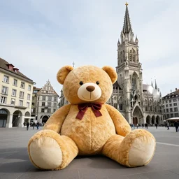 huge teddybear sitting on the streets of zurich in front of the grossmunster. professional photography. 8 k. sharp focus. wide angle 2 4 mm.