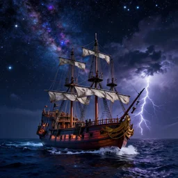 photograph of a pirate ship traveling through sea of colorful stars, breathtaking stars, thunderstorm, interstellar, concept art, NASA, 4K, Detailed, HDR