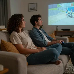 a couple relaxing on a couch watching a movie