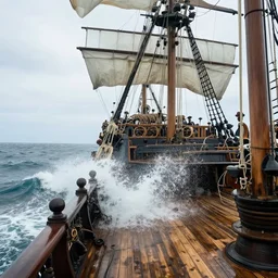 Heavy seas on a pirate ship, first person