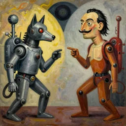 Oil painting by Kandinsky. Two mechanical gods with animal faces having a conversation. Oil painting by Dali.