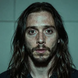jared leto with unrealistically open eyes, analog horror