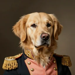 head and shoulders portrait of a golden retriever dressed like a general by Rembrandt