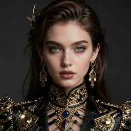 face shot portrait of attractive powerful young woman with luxury clothes, by greg rutkowski, by zdzislaw beksinski, very detailed, ornate, intricate, octane render, dark color lighting, volumetric lighting, 8 5 mm