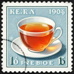 a picture of a cup of tea on a stamp from the 1940s