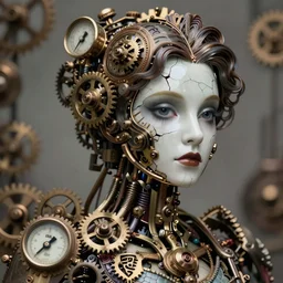 a beautiful mechanical victorian woman with a cracked porcelain face, steampunk, gears, gauges, intricate details, portrait, realistic octane render, shallow depth of field, 8k