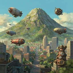 Downtown in a studio ghibli aesthetic, Mountain by Craig Mullins, illustrative art of various small steampunk airships flying around the city by Mattias Adolfsson, Rendered in Octane, cinematic, Highly Detailed