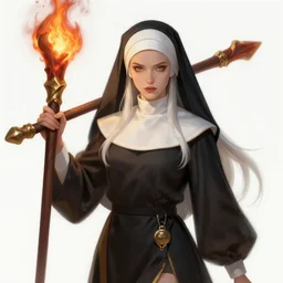 a highly detailed illustration of beautiful platinum blonde nun wielding flaming wooden stake, dramatic wielding wooden stake pose, perfect face, intricate, elegant, highly detailed, centered, digital painting, artstation, concept art, smooth, sharp focus, league of legends concept art, wlop.