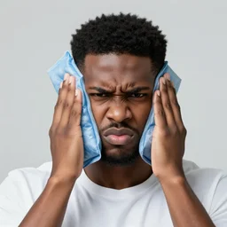 angry black guy wearing holding ice pack on his face