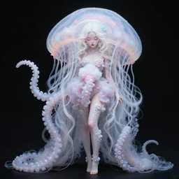 beautiful korean jelly fish woman with white curly hair and pastel smeared makeup, ornate details, cotton candy, tentacles, extremely detailed, sharp focus, wide view, full body shot, smooth, digital illustration, by, james jean!!!!!, by rossdraws, frank franzzeta, sakimichan, jeremy lipking