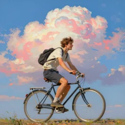 Guy riding a bike in the sky, happy clouds joyful vibrant high resolution painterly in the art style John Singer Sargent