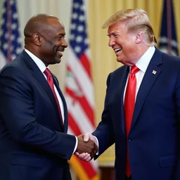 patrice o'neal and donald trump shaking hands while smiling and laughing, ultra realistic, 8 k, photorealistic