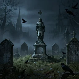 memorial statues in an old abandoned gothic cemetery at night, overgrown grass, dramatic, ravens, gloomy, volumetric light, ground mist, featured on art station