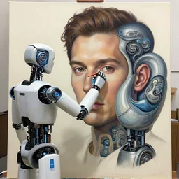 robot artist painting a self - portrait on a canvas. intricate, highly detailed, digital matte painting in the style of alberto vargas and in the style of wayne barlowe. irony, recursion, inspiration.