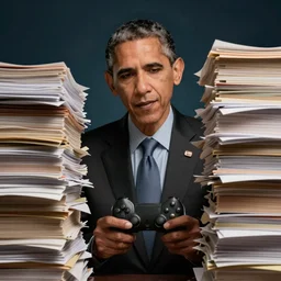 obama nervously standing by a mountain of papers, videogame still, portrait, 4 0 mm lens, shallow depth of field, close up, split lighting, cinematic