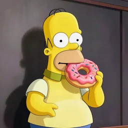 a pink donut eating homer simpson