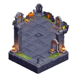 graveyard halloween isometric 2. 5 d game level, myvmk, with detailed stone, lanterns, disney, toon shader, arnold maya render, artstation by miha rinne