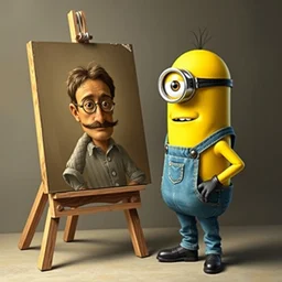 stuart, the one eyed minion, stands at his easel, painting a portrait of a steve carell