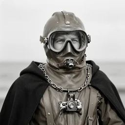 a man wearing a classic diving suit mask, world war ii military style, metal chain and black cape, real old photos h 7 6 8 - 5