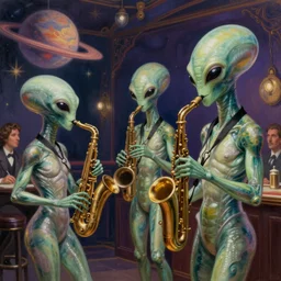 Alien debutantes from another planet visit a jazz nightclub in Harlem in 1946, an epic painting, volumetric lighting, intricate, elegant, highly detailed, digital painting, artstation, concept art, smooth, sharp focus, art by Gil Elvgren