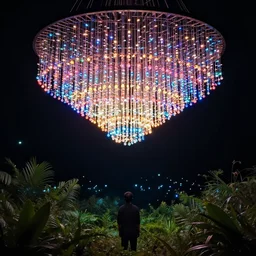 a boat - themed chandelier with hundreds of colorful lights hanging from it, a figure lurks in the undergrowth looking at the lights from a distance, digital art
