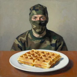 portrait of a man camouflaged as a waffle on a plate still-life chuck lukacs brad rigney winslow homer eyvind earle norman ackroyd dan witz mark ryden palette knife artwork