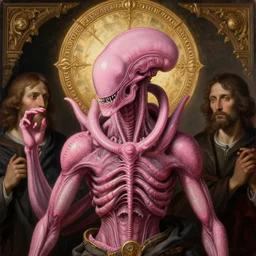 pink xenomorph human hybrid saint icon ornate halo religious painting by yoshu hashimoto chikanobu, baroque portrait painting, detailed octane render trending on artstation artgerm, 8 k artistic photography, volumetric cinematic perfect light, chiaroscuro, masterpiece, raphael, caravaggio, beksinski, rutkowski, giger