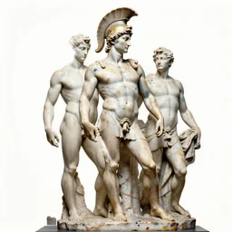 marble spartan soldier sculpture by michelangelo buonarroti and by gian lorenzo bernini covered in color paint splashes, ultra - detailed chiaroscuro studio photograph on white background